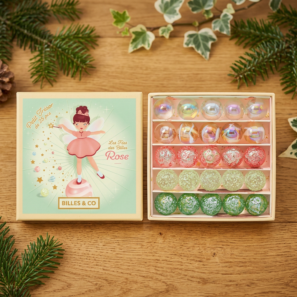 Billes & Co Sélection Noël – 59 glasskuler i jul-farger med naturlig bakgrunn