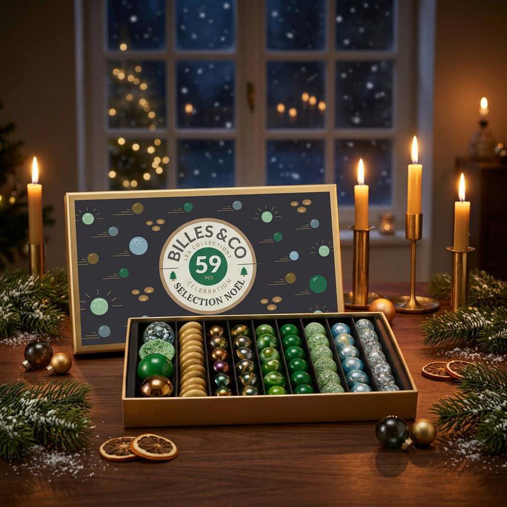 Julemagi – 59 glasskuler i grønt og gull med julestemt bakgrunn