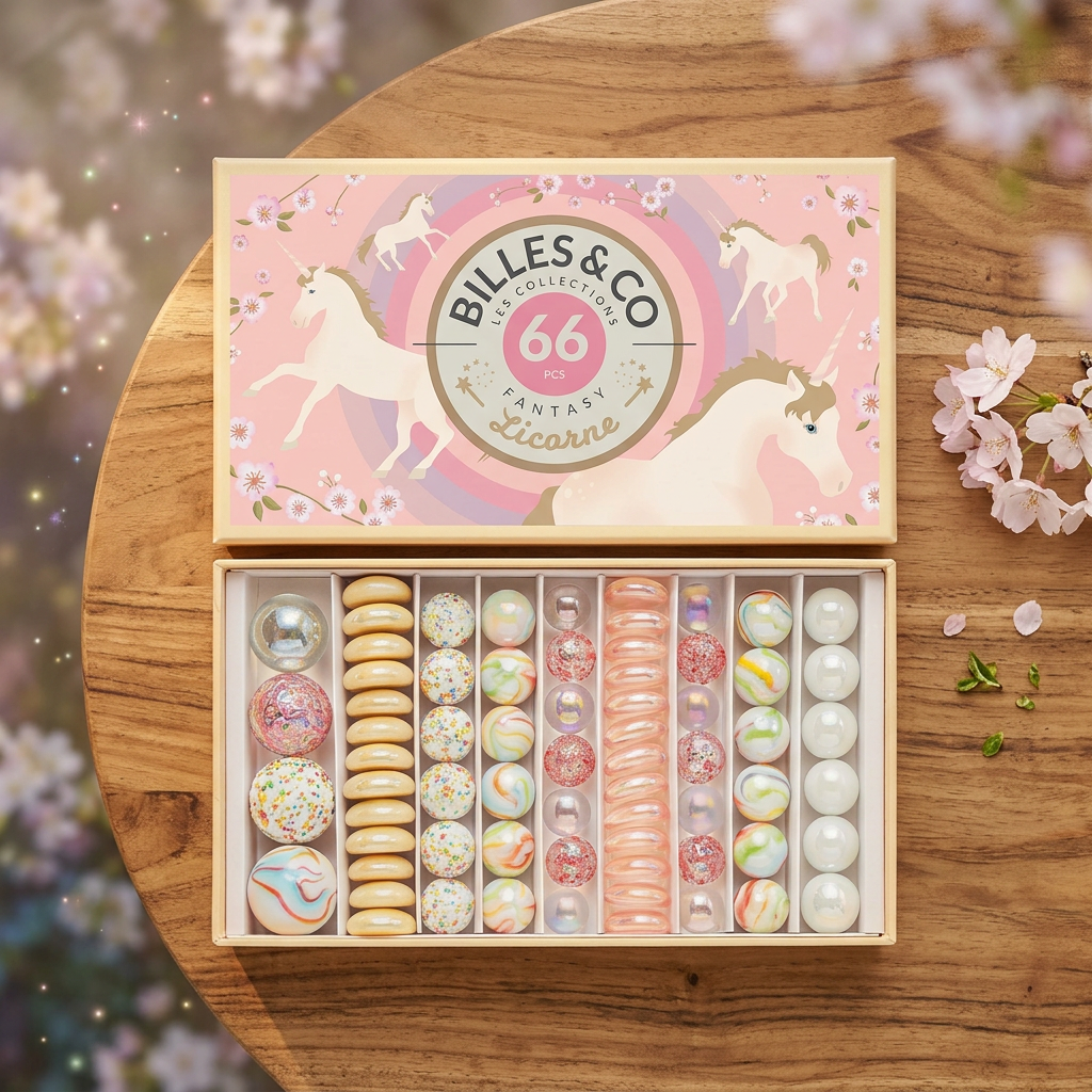 Billes & Co Large Unicorn Marble Set – 66 glasskuler i rosa gaveeske med naturlig bakgrunn